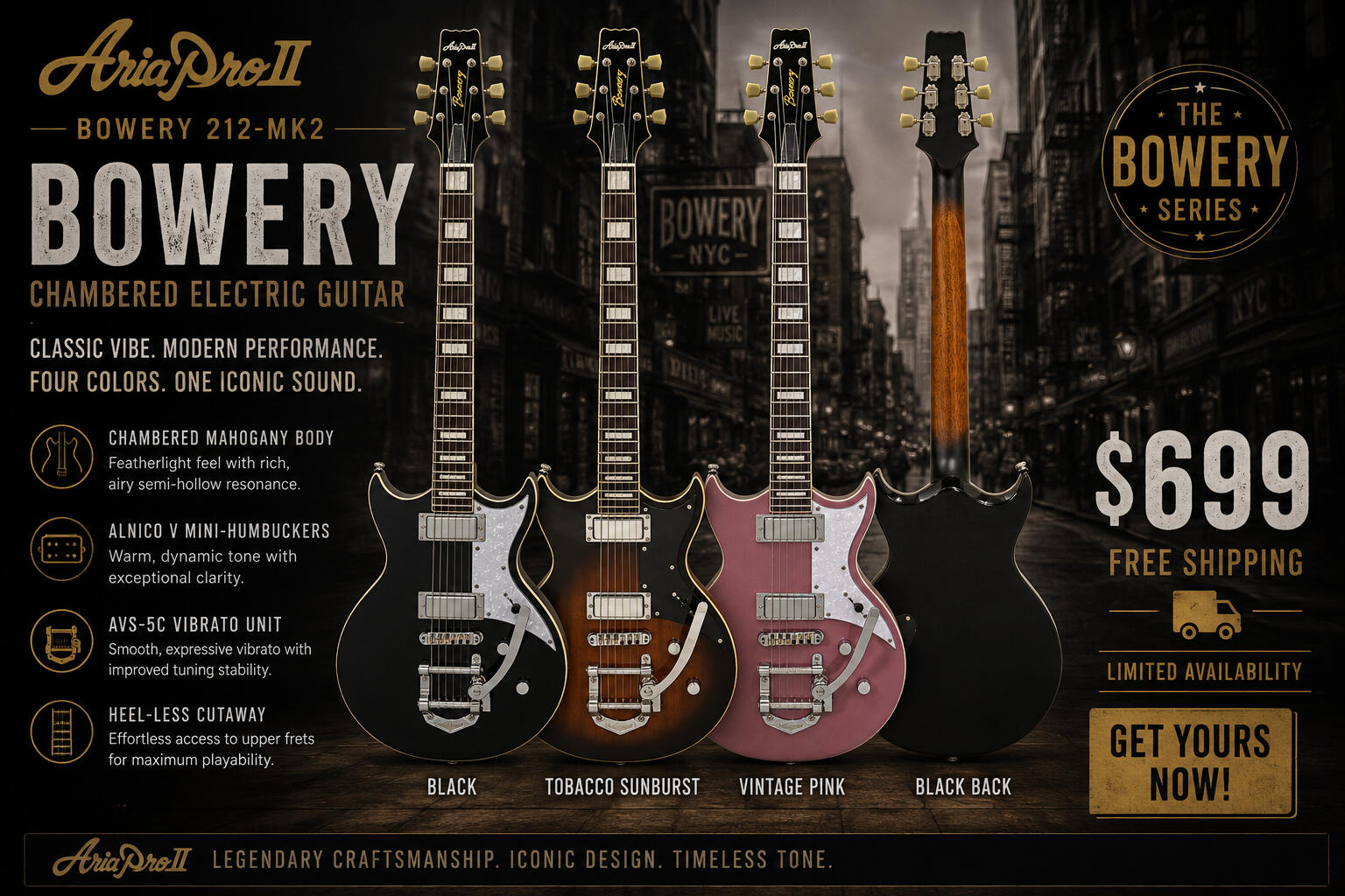 Aria Pro II Bowery 212-MK2 Chambered Electric Guitars | Shop on Reverb Aria Pro II Bowery 212-MK2 chambered electric guitars in Black, Tobacco Sunburst, and Vintage Pink with AVS-5 vibrato, mini humbuckers, and heel-less cutaway. Premium lightweight mahogany electric guitars available with free shipping on Reverb