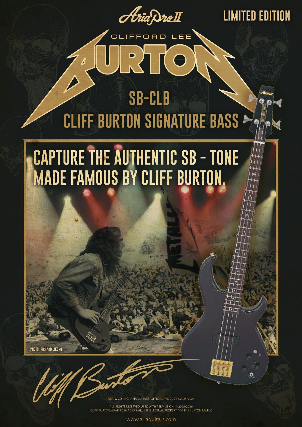 Banner featuring the Limited Edition 2026 Aria Pro II SB-CLB Cliff Burton Signature Bass, faithfully recreating Cliff Burton's legendary SB-1000 "Black 'n Gold" bass. Features include neck-through construction, ash body, maple and walnut neck, rosewood fin