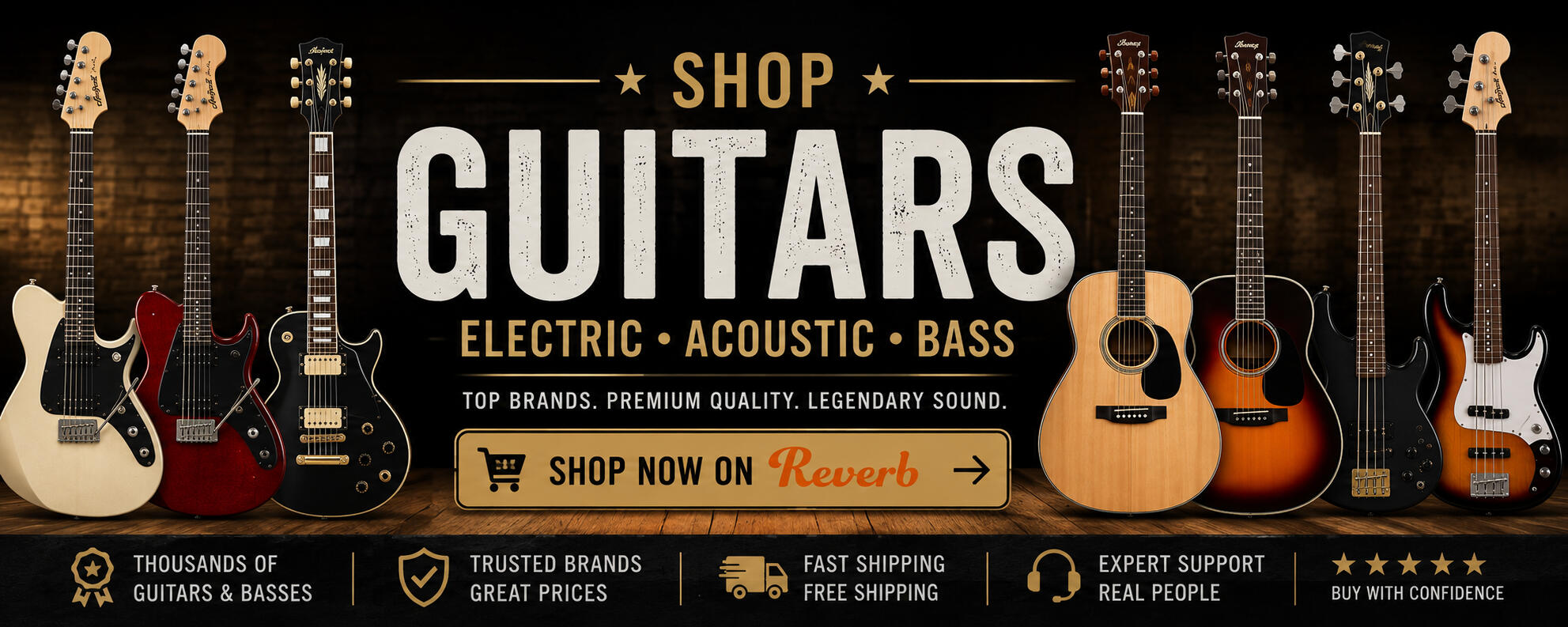 Banner advertising electric, acoustic, and bass guitars available through Universal Music Supply's Reverb store, featuring quality instruments, competitive pricing, free or fast shipping on many models, and regularly updated inventory.