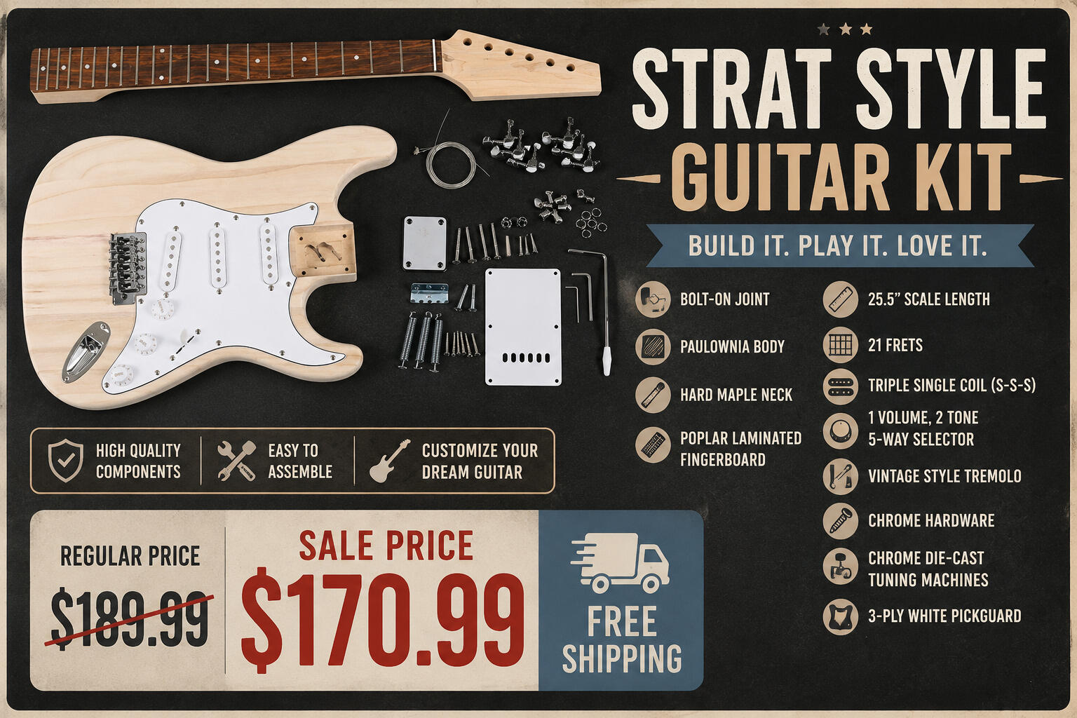 Promotional banner featuring an unfinished Strat style DIY electric guitar kit with paulownia body, hard maple neck, S-S-S pickups, vintage tremolo bridge, and chrome hardware. Sale price $170.99 with free shipping from Universal Music Supply.