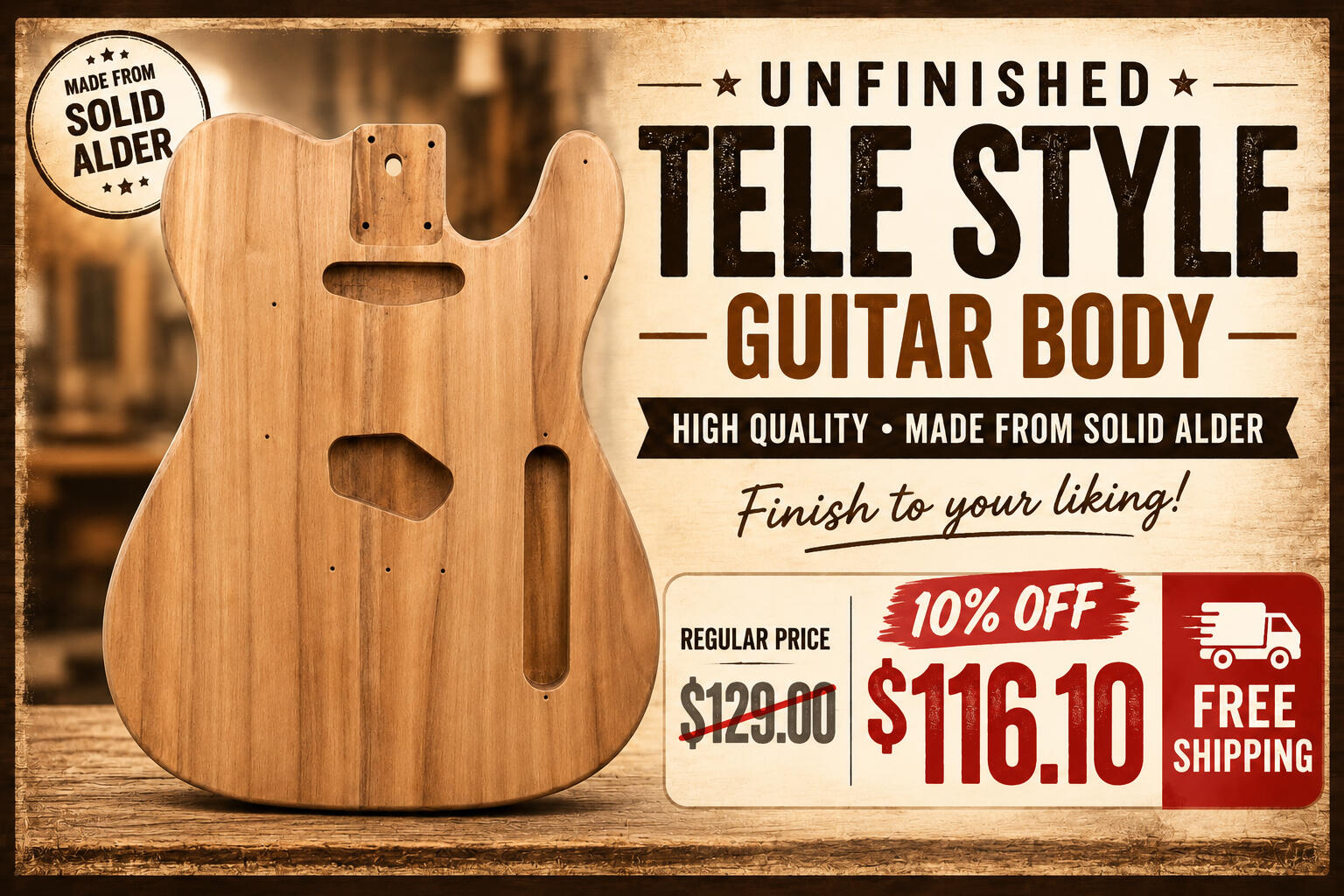 Unfinished Alder Tele Style Guitar Body for Sale | Solid Alder Guitar Body – Universal Music Supply Promotional banner featuring an unfinished solid alder Tele style guitar body on sale for $100 with free shipping. High-quality unfinished electric guitar body ready for custom finishing and DIY guitar builds from Universal Music Supply
