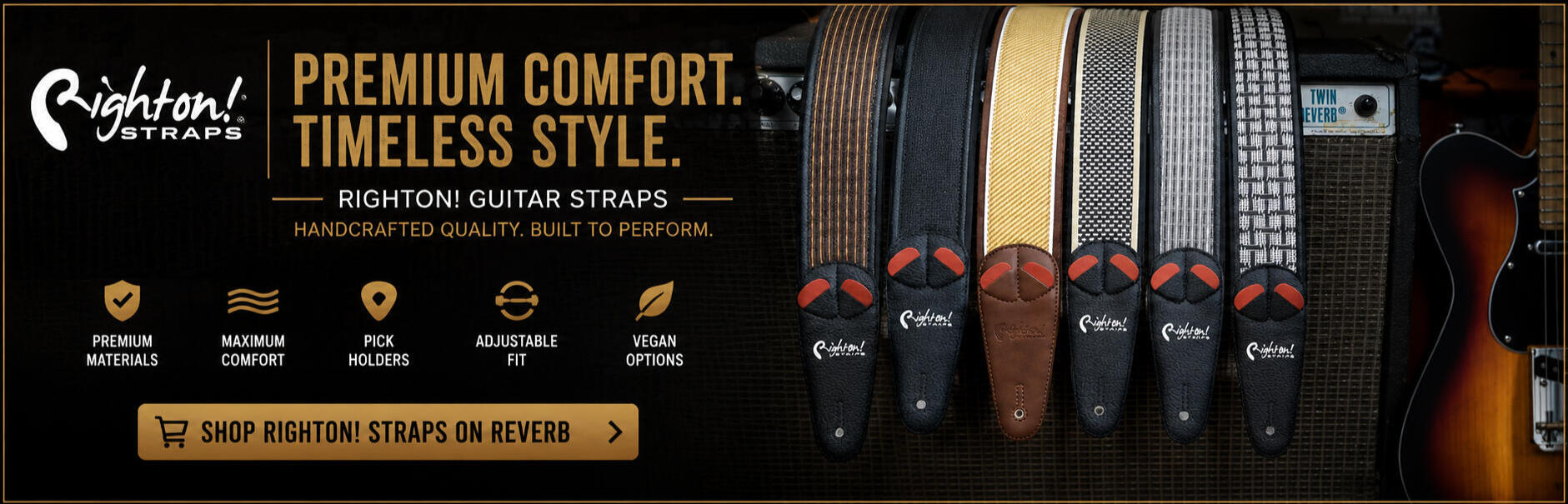 Banner promoting Right On! guitar and bass straps available through Universal Music Supply's Reverb store, featuring premium straps designed for comfort, durability, and professional performance.